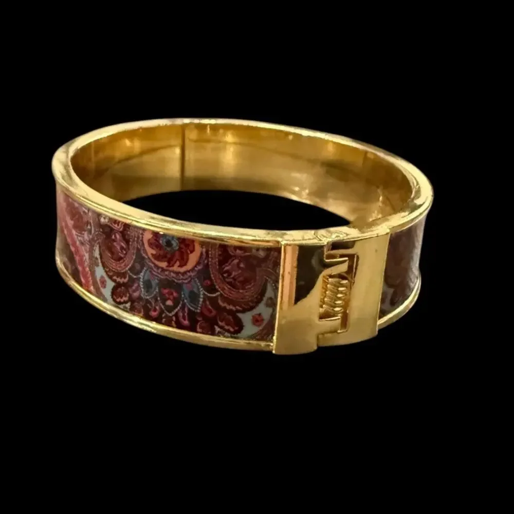 Talbots Paisley Enamel Gold Tone Hinged Bangle Bracelet Boho Chic